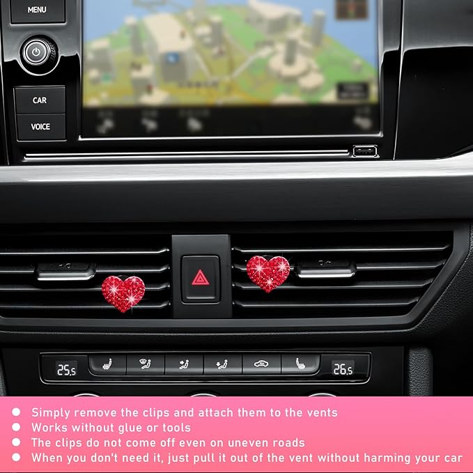 Ziciner 2PCS Bling Heart Car Air Vent Clips Charms, Heart Shaped Crystal Car Air Freshener Vent Clips, Rhinestone Air Conditioning Outlet Clip, Vehicle Decor Accessories for Women Girls (Red)