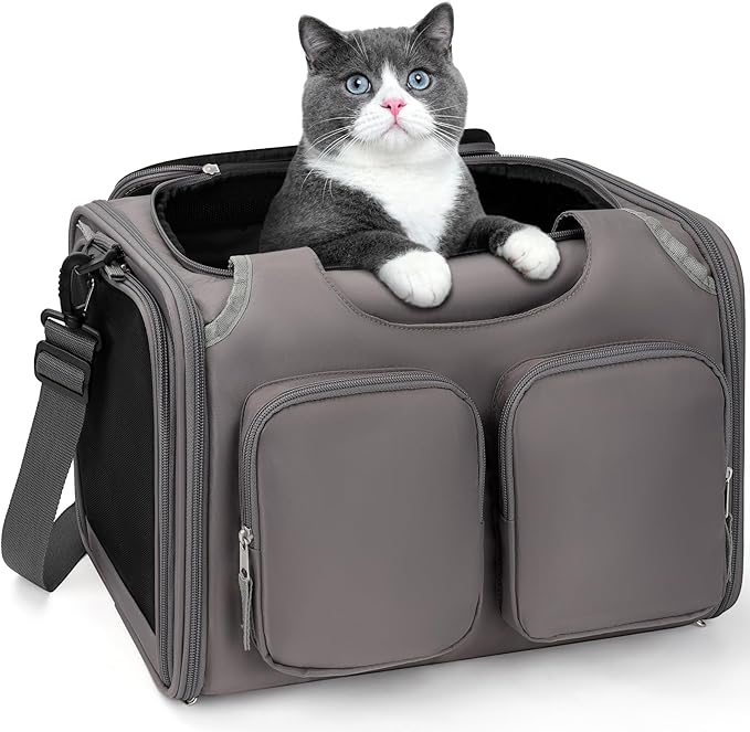 Dog, Cat Carrier for Pets Up to 12 Lbs, Airline Approved Collapsible Soft-Sided Pet Travel Bag with Locking Zippers, Breathable Mesh and 4 Large Pockets, Removable Fleece Pad (Grey)