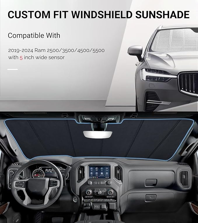 Windshield Sun Shade for Ram 2500/3500 2019-2025 with 5 Inch Wide Sensor. Reflective Aluminum Film Front Window Sunshade - BLAZBLOCK