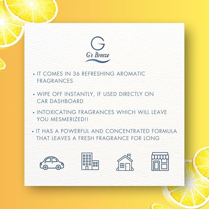 G's Breeze Lemon Lime Air Freshener - Refreshing & Energizing Fragrance with Freshly Squeezed Lemon & Lime Essence - Long Lasting Zesty, Citrus Aroma- Ideal Scent Choice for Home, Car & Office