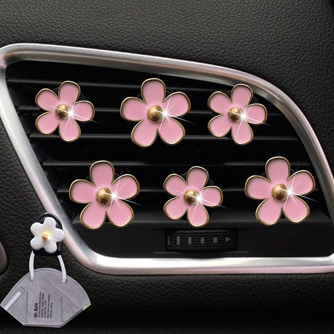 6 PCS Daisy Car Decorations, Cute Flower Air Vent Clip Dashboard Outlet Freshener Clips Interior Decor Charm Accessories for Girls Women (Pink), Count (Pack of 1)