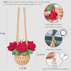 Handmade Crochet Hanging Car Air Freshener - Romantic Red Rose Design, 12ml Refillable Thick Glass Bottle, Car Diffuser for Rearview Mirror, Home & Office Romantic Decor
