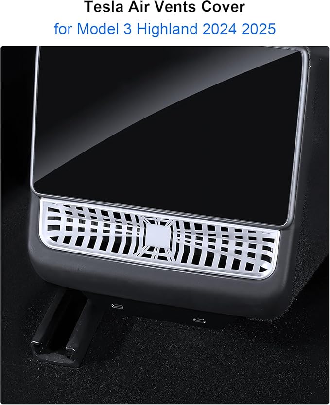 Tesla Air Vents Cover Model Y Juniper Model 3 Highland Alloy Rear Seat Center Console Air Vent Trim Cover Tesla Model 3 Accessories Backseat Air Condition Outlet Protector Silver