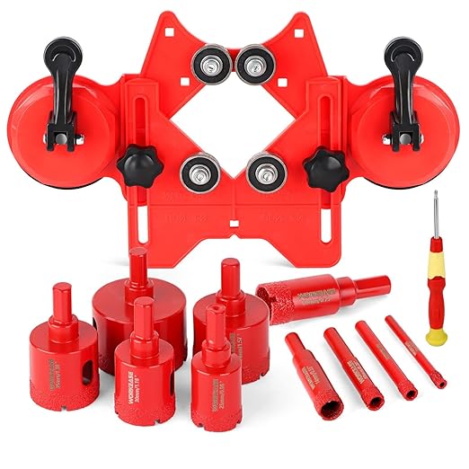 WORKEASE Diamond Hole Saw Kit, 11 Pcs Brazed Hollow Tile Set (0.24”-2”) with Double Suction Cups Guide Jig, Drill Bit Suitable for Glass, Ceramic, Tile, Marble, Porcelain Red
