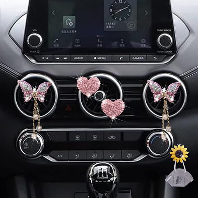 Pink Heart & Butterfly Pandent Air Vent Clips, 4 Pcs Bling Heart Car Air Fresheners Vents Clips Diamond Interior Decor Bling Cute Car Accessories Decoration for Women +Sunflower Mask Hook