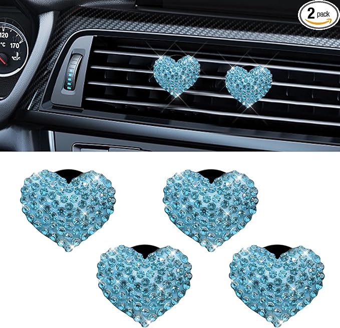 4PCS Bling Heart Air Vent Clips, Car Air Freshener for Women, Air Fresheners Diffuser Clip Charm, Car Air Conditioning Outlet Clip Decorative Accessory for Women Girls (Lake Blue, Style1)