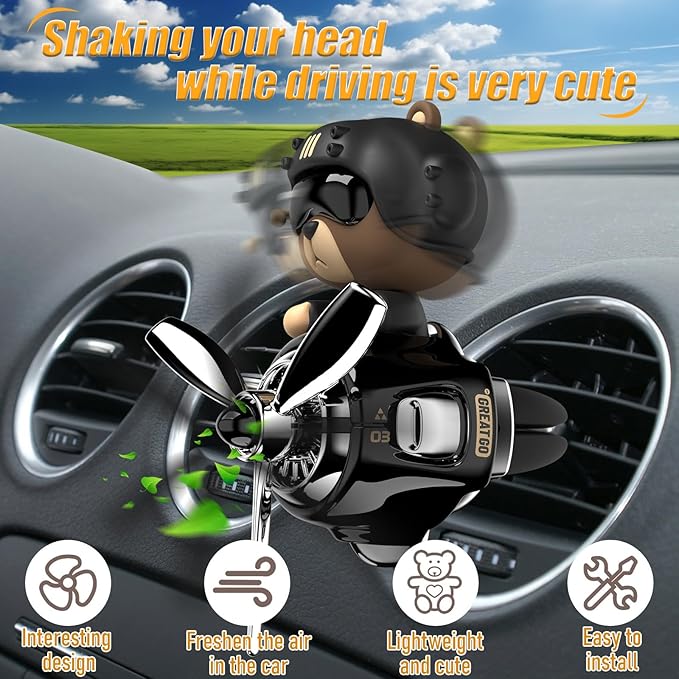 2Pcs Car Air Fresheners, Cute Bear Pilot Automotive Air Outlet Creative Car Perfume Diffuser, Automotive Accessories Air Vent Decoration with 8 Fragrant Tablets (Black 1+Pink 1)