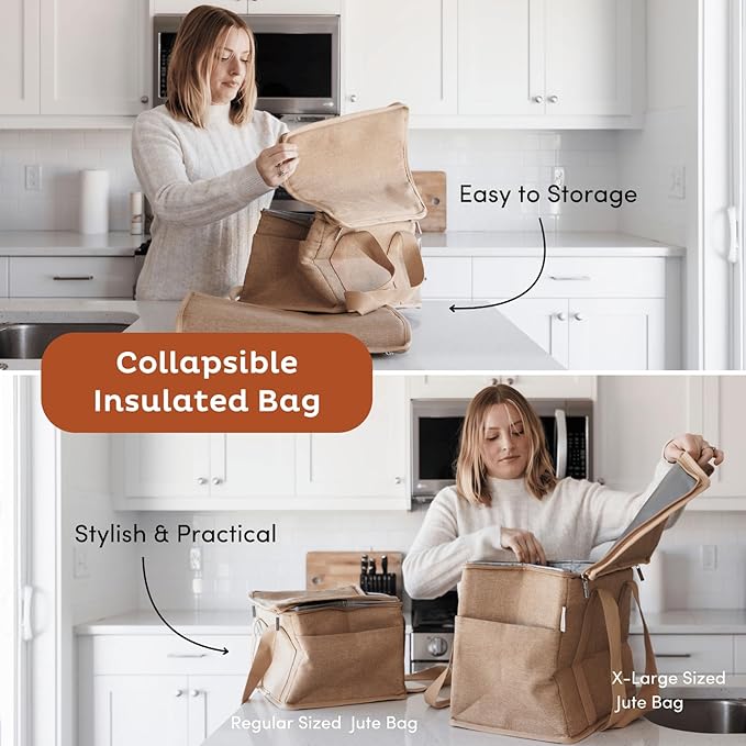 Reusable Insulated Grocery Bag - Canvas, Leak Proof, X Large Cooler Bag, Insulated Shopping Bags for Groceries, Travel Cooler Bag for Frozen and Hot Food with Zippered Top (Caramel)