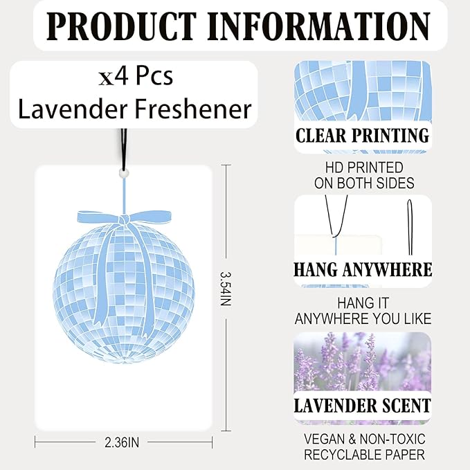 Preppy Coquette Blue Lavender Car Air Freshener 4 Pcs, Girly Bow Poker Disco Ball Cherry Air Freshener Hanging Decor for Cars Closet Drawer Books, Cute Accessories Gifts for Women Girls