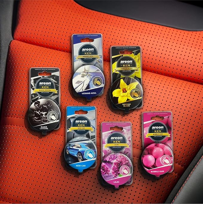 AREON Ken Car Air Freshener - Vanilla Scent, Long-Lasting Fragrance - Portable Fragrant Deodorizer with Adjustable Odor Output - Automobile Accessories & Essentials - 1.23 Oz. Cans, Pack of 3