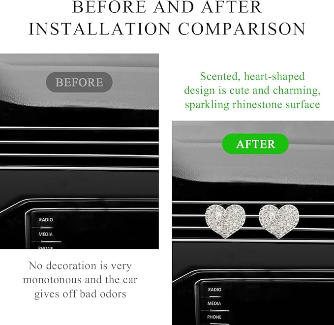 2 PCS Bling Car Air Vent Clip, Crystal Heart Car Air Fresheners Diffuser Vent Clip, Rhinestone Air Conditioning Outlet Clip For Women Girls, Interior Decor Car Accessories (Heart, White)