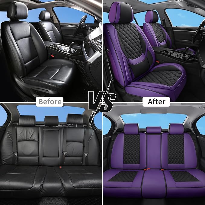 Car Seat Covers Full Set Purple Black, Luxury Faux Leather Waterproof Non-Slip Seat Protector Universal Fit for Most Cars SUVs Trucks Pick-ups,Car Interior Accessories for Front Seats and Back