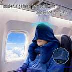 H-Shaped Travel Pillow with Snap-On Hood – Ergonomic Neck Support with Plush Velvet Cover, Instant Inflation & Compact Bag – for Airplane, Car, Office & Long Trips (Blue)