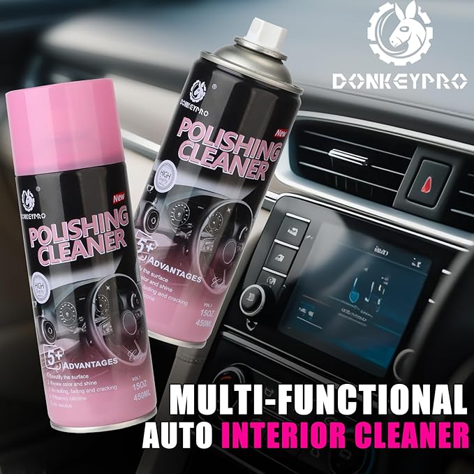 DONKEYPRO Polishing Cleaner, Car Interior Cleaner - Cleans & Protects Plastic, Vinyl, Leather Seats, Rubber, Dash, Trim - UV Guard, Anti-Aging, Exterior & Interior Detailer Spray (2 x 15oz)