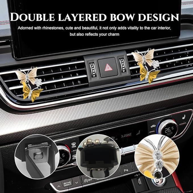 2PCS Car Air Vent Clips, Dual Butterfly Diamond Car Air Conditioner Outlet Vent Clip, Cute Car Diffuser Perfume Clip, Car Air Freshener Decor Accessories for Women Girl (Yellow, Style 1)
