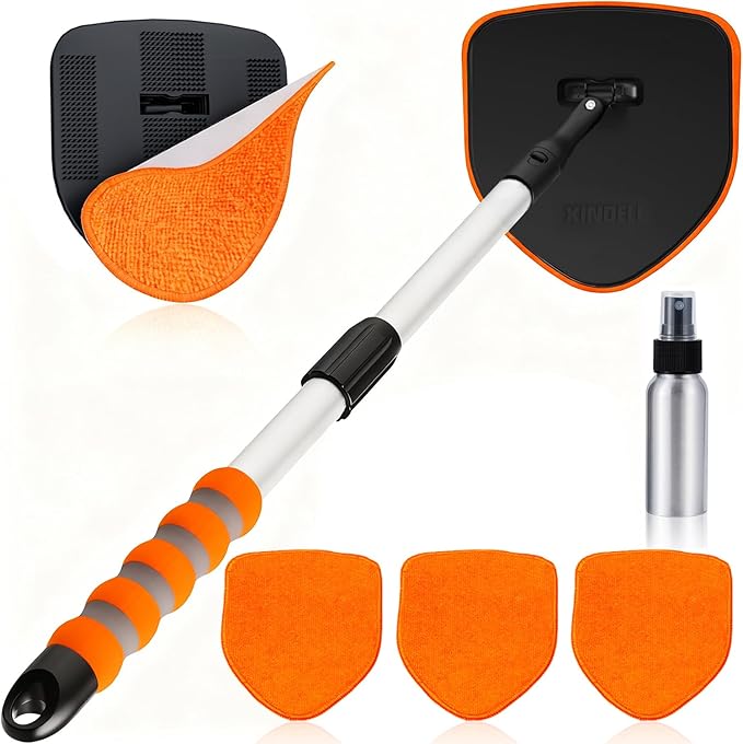 XINDELL Windshield Cleaning Tool, Interior & Inside Car Windshield Cleaner with Microfiber Pads, Extendable Handle & 360° Rotating Head, Streak-Free Glass Cleaning Kit for Cars Trucks