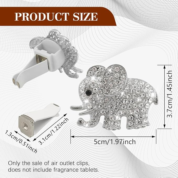 2PCS Elephant-Shaped Car Vent Clip with Rhinestone, Car Vent Accessories, Elephant Design Auto Air Freshener Diffuser, Rhinestone Air Conditioner Outlet Clip for Women Girls (Silver, Elephant)