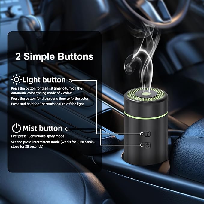 100ML Car Diffuser, USB Rechargeable Battery Operated, Powered Cordless Essential Oil Humidifier, 7 LED Color Lights 2 Timer Modes for Car Outdoor Home (Black)