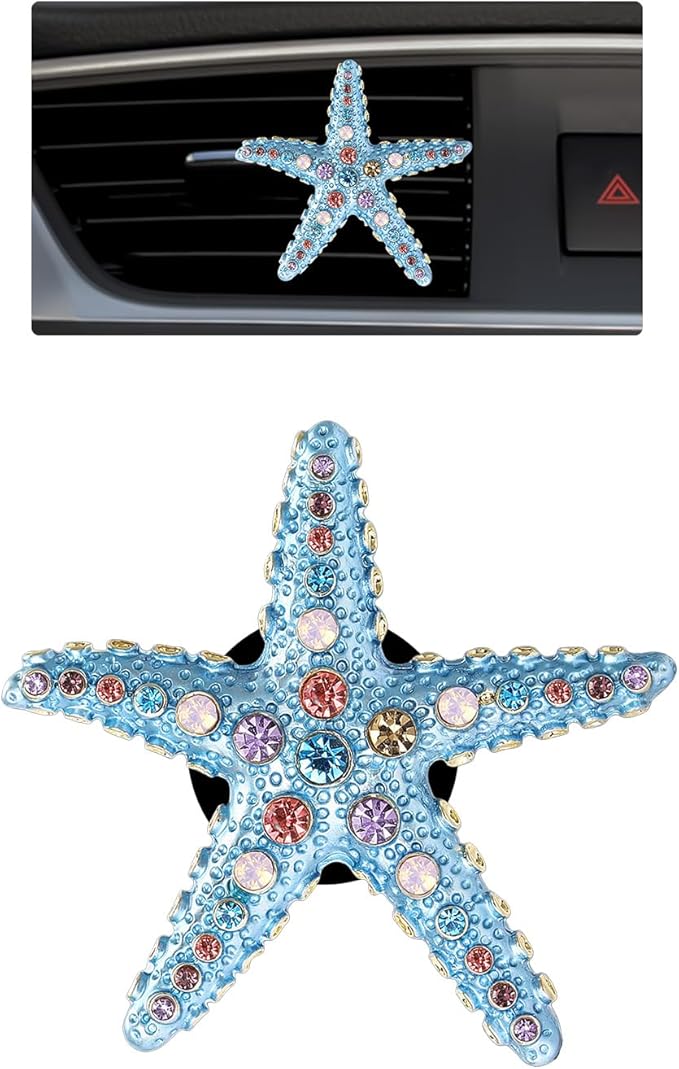 Starfish Car Decor,Cute Beach Car Vent Clip,Colorful Rhinestones Starfish Car Air Freshener,Ocean Themed Accessories for Women Teens,Refillable Diffuser (Blue Starfish)