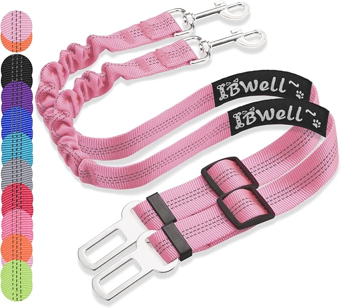 IBWell Dog Seat Belt for Car with Elastic Bungee Leash, Car Leash Car Seat Belt for Dogs (Light Pink, 2PCS-27.6")