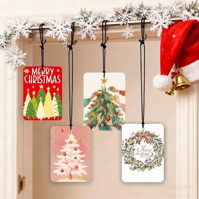Christmas Car Air Fresheners 4 Pcs, Warm Holiday Tree & Wreath Hanging Air Freshener Set, Cozy Illustrated Merry Christmas Car Accessories for Women, Scented Gift & Stocking Stuffer for Holiday Season