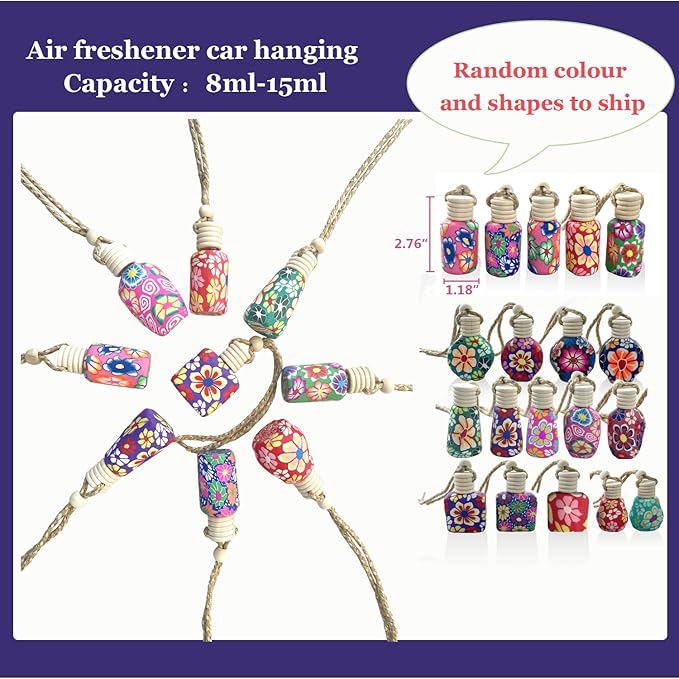 20Pcs 15ml Glass Car Diffuser Bottles Empty Bulk,Hanging Car Diffusers for Essential Oils,Refillable Car Air Freshener for Fragrance Perfume Aromatherapy with Flowers Women Home Decor,Color Random