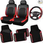 CAR PASS Air Mesh Leather Car Seat Covers for Front Seats, Waterproof Car Floor Mats, Sporty Steering Wheel Cover, Universal Fit for 95% Cars Truck SUV (Black and Red)
