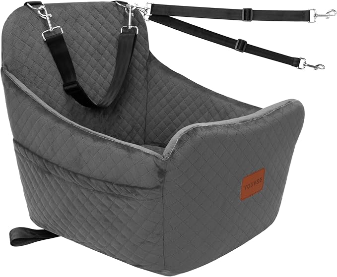 YOUVEE Dog Car Seat for Small/Medium Dog 20lbs 25lbs up to 32 lbs,Fully Detachable and Washable Puppy Booster seat with Storage Pockets,2 Adjustable Safety Belts,Anti-Slip Base(Grey)