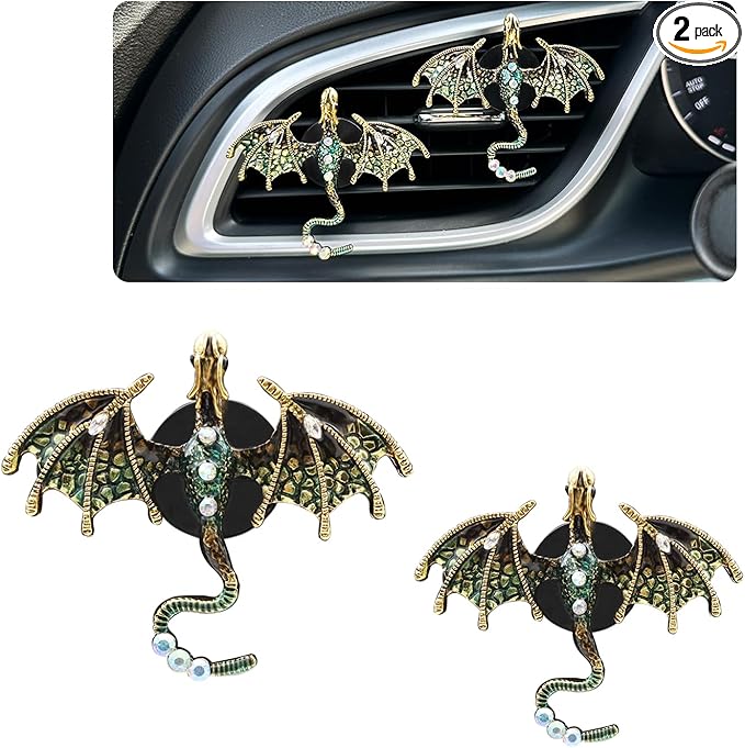 Dragon Car Accessories 2pcs Bling Dragon Car Air Freshener Vent Clips Cute Alloy Dark Green Enamel Wyvern Vent Clip Decorations Refillable Essential Oil Diffuser