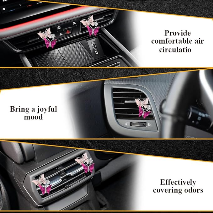 4PCS Car Air Fresheners Vent Clips, Butterfly Car Accessories, Sparkly Bling Dual Butterfly Auto Air Vent Clips, Automotive Cute Air Conditioning Outlet Decoration Universal for Women Girl