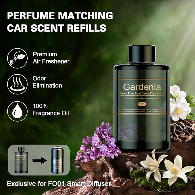 Car Air Freshener Refill for Men & Women 6.09 FL OZ /180ML-9 Month Gardenia Scent Essential Oil Perfume, Essential Oil Made of Natural Plant Extracts, Compatible with Car Diffusers for Home/Office