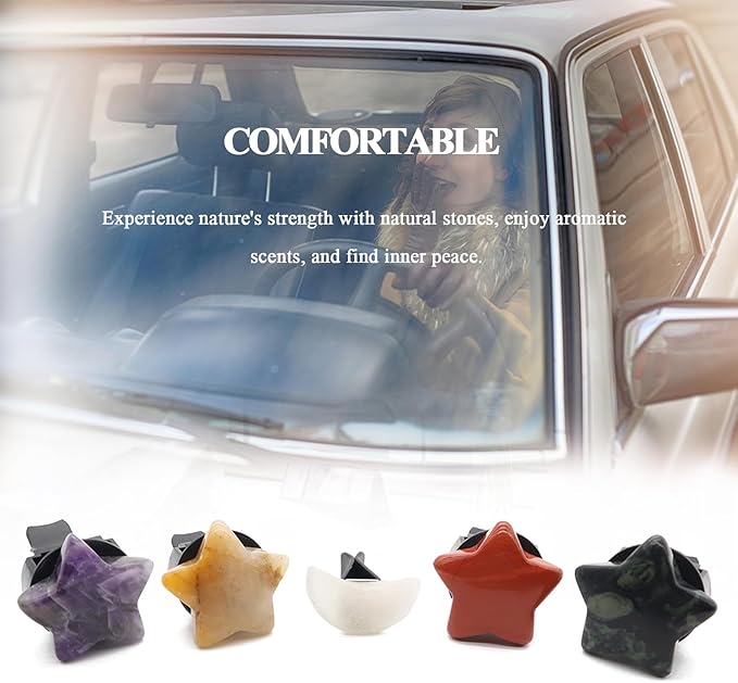 Boho Car Decor,Stars Moon Air Vent Clips,Refillable Car Fresheners,5pcs Natural Crystal Stone Hippie Dashboard Decorations Accessories,Best Wishes for Lover and Friend