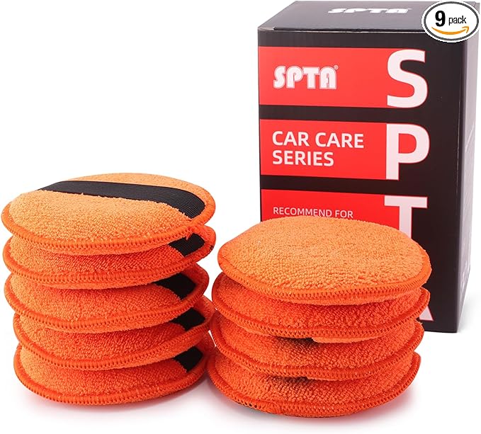 SPTA Microfiber Applicator Pads, 9Pcs 5 inch Car Wax Applicator Hand Polishing Microfiber Foam Pads Set with Grip of Elastic Band, Microfiber Buffing Cleaning Pads for Car Polish Applying Wax
