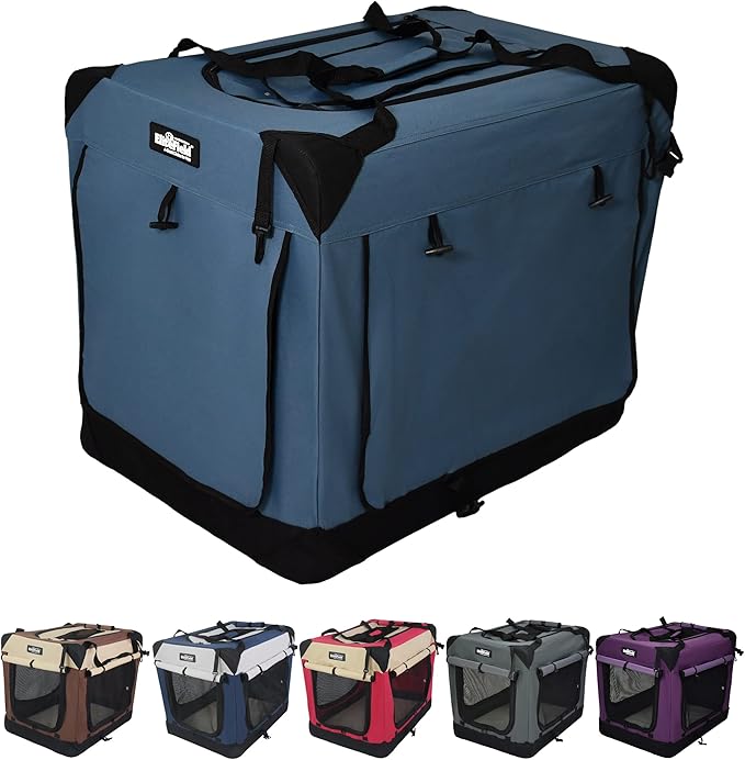 EliteField 4-Door Folding Soft Dog Crate with Curtains, Carrying Bag and Fleece Bed (2 Year Warranty), Indoor & Outdoor Pet Home (36" L x 24" W x 28" H, Blue Gray+4 Door Curtains)