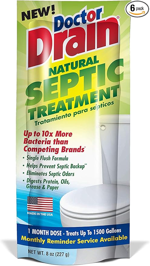 Monthly Natural Septic Tank Treatment - One Flush Septic Enzyme Treatment Packets, Eliminates Odors Effectively, Prevents Septic Backup, Safe for All Pipes (Packet of 6)