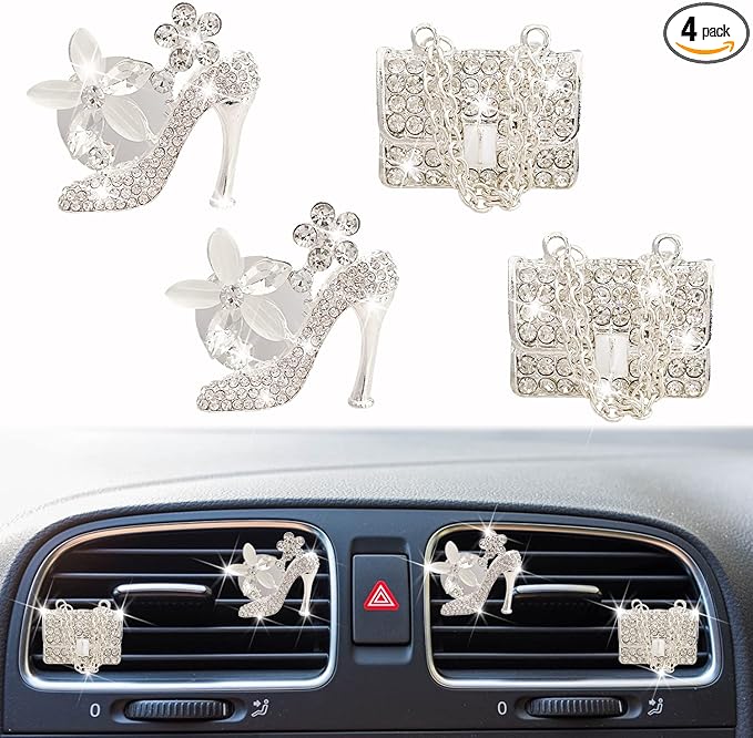 Bling High Heel Shoe & Bag Air Vent Clip, 4 Pcs Crystal Air Freshener Vent Clip Rhinestone Diamond Car Decoration Car Interior Decor Bling Accessory for Women