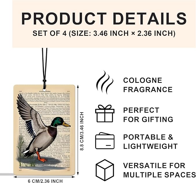 Vintage Mallard Duck Car Air Freshener 4 Pcs, Rustic Farmhouse Farm Animal Air Freshener Hanging for Cars Books Closet Drawer, Mallard Duck Lover Gifts Car Accessories for Women Men