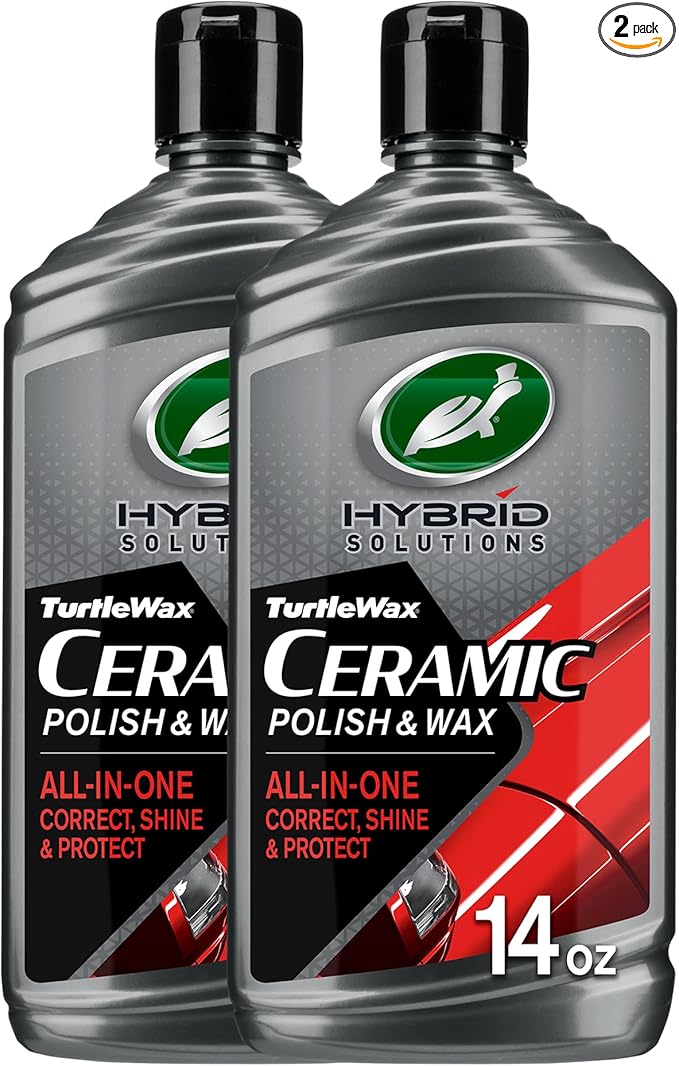 Turtle Wax Hybrid Solutions Ceramic Car Polish and Wax, Light Scratch Remover, Durable Paint Protection, Extreme Water Beading, High Gloss Shine, Hand or Machine Polisher Use, 14 oz (Pack of 2)
