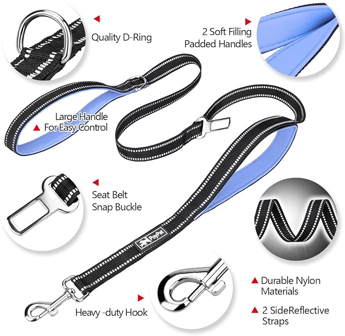PoyPet 5 Feet Dog Leash - 3M Reflective - 2 Cushioned Handles - Functional Car Seat Belt(Light Blue)