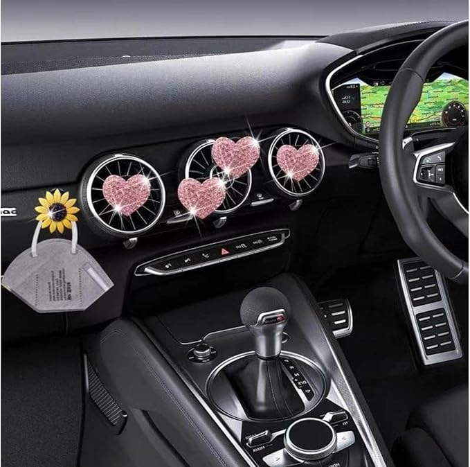 5Pcs Pink Bling Heart Air Vent Clips, Crystal Heart Car Air Fresheners Vent Clips Car Diffuser Vent Clip Rhinestone Car Decoration Car Interior Decor Cute Car Accessories,Interior Accessories