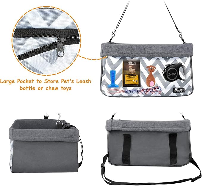 JESPET & GOOPAWS: Pet Safety Booster Car Seat - Grey Stripe -Small Dogs & Cats Up to 24lbs, Cozy Fleece Lined Bed, Collapsible Portable Travel Carrier