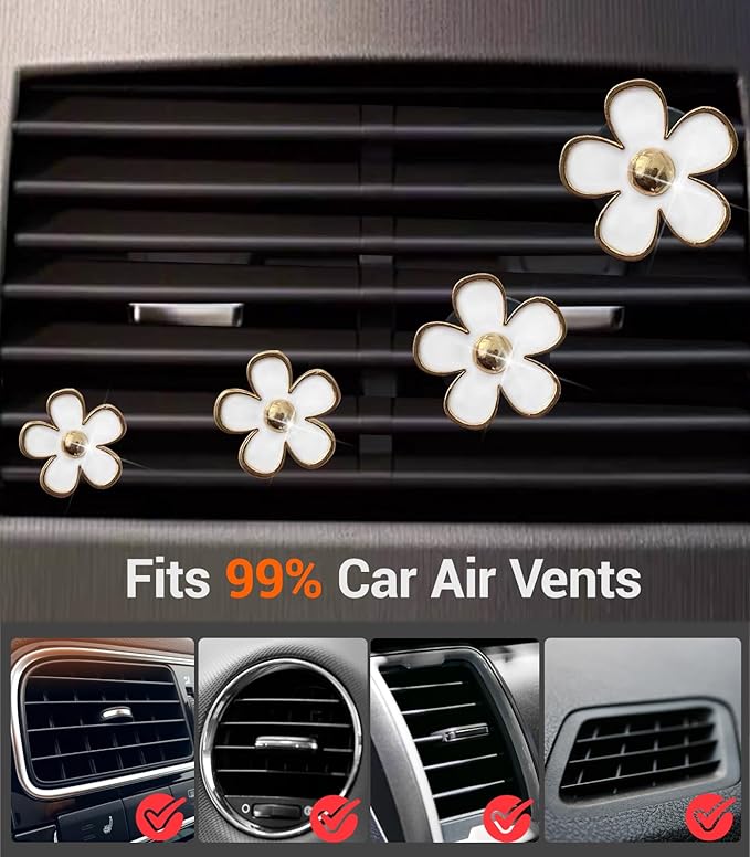 Daisy Flower Car Air Freshener Vent Clips, 4 Pcs Cute Car Accessories for Women Interior, Girly Decor Essentials, Truck Accessories, for Bathroom Office Pet Houses (White, 3.1cm 2.9cm 2.2cm 1.6cm)