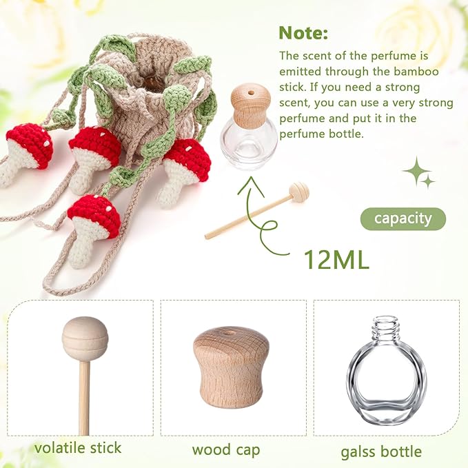 Cute Crochet Plant Car Freshener 12ml Empty Refillable Diffuser Bottle with Plants Hanging Accessories for Rearview Mirror Home Office Decor Women Mother's Day Gifts(Mushroom)