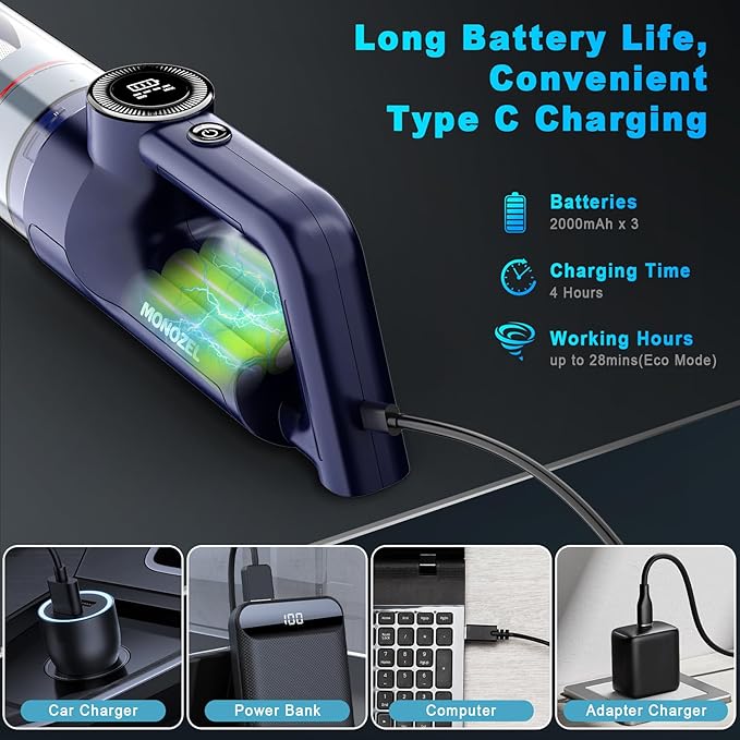 Handheld Vacuum Cordless - Car Vacuum Cleaner with Brushless Motor, 15kPa Powerful Suction Vacuum with LED Light, Type C Port, 2 Fliters, Portable Hand Vacuum for Home, Pet and Car