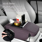 2026 Enhanced Car Center Console Armrest Cushion with USB& Type-C Charging, PU Leather Console Pad with Cup Holders, Storage& Tissue Outlet for Most Vehicles (Sloped Version, Plum Purple)