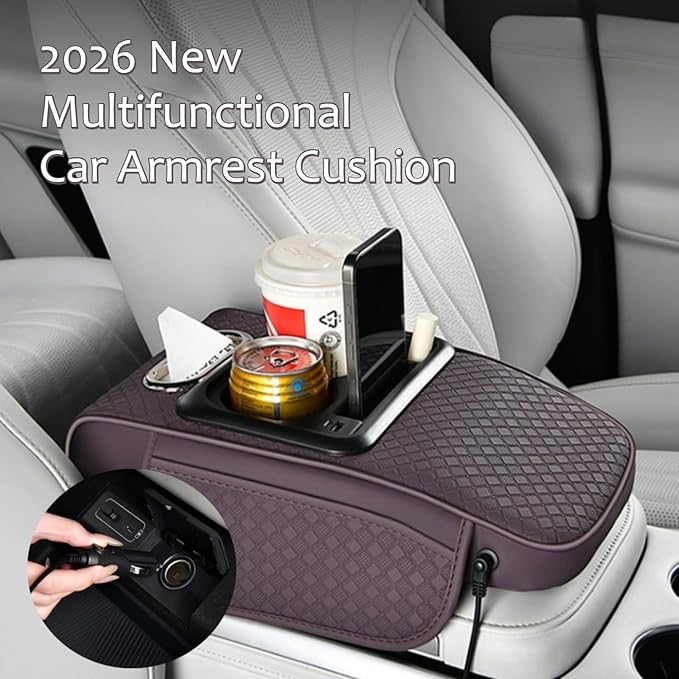 2026 Enhanced Car Center Console Armrest Cushion with USB& Type-C Charging, PU Leather Console Pad with Cup Holders, Storage& Tissue Outlet for Most Vehicles (Flat Version, Beige)