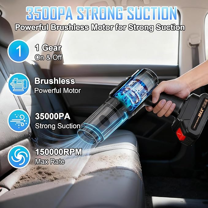 Handheld Car Air Vacuum Cleaner, 35000PA Rechargeable Cordless Vacuum Cleaner and Air Duster, High Power Hand Held Vacuum with Backup Battery, 2 HAPE Filters and Multi-Nozzles for Car, Home, Office