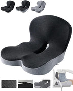 Orthopedic Cushion, Ergonomic Orthopedic Cushion for Tailbone Pain Relief, with Memory Foam, Car Seat Cushion with Waist Support, Non-Slip, Breathable, Washable Cover (Black-Gray)