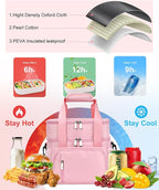 Insulated Lunch Bag for Women, Double Leakproof Lunch Box Soft Cooler Tote with 5 Pockets, 600D Oxford, EVA Lining, Adjustable Strap for Work, Picnic, Beach&Travel-Pink