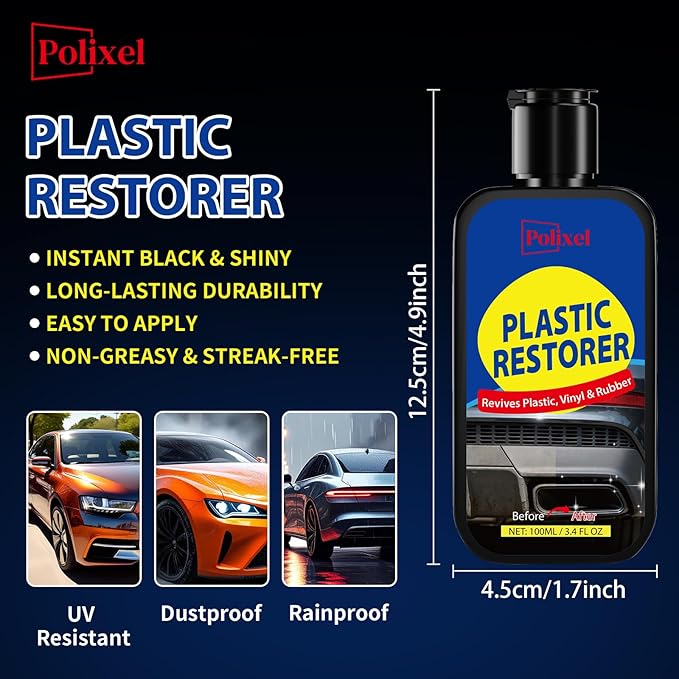 Plastic Restorer for Cars, Restores Faded Plastic, Vinyl, Rubber, Trim, Bumpers & Interior Surfaces to Like-New Finish - Brings Back Deep Black & Color, UV Resistant - 3.4OZ